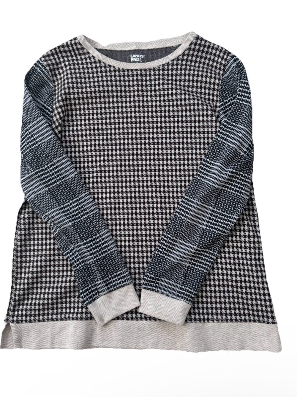 Lands' End Knit Top Women’s M Houndstooth Pattern Long Sleeve Patchwork Pullover